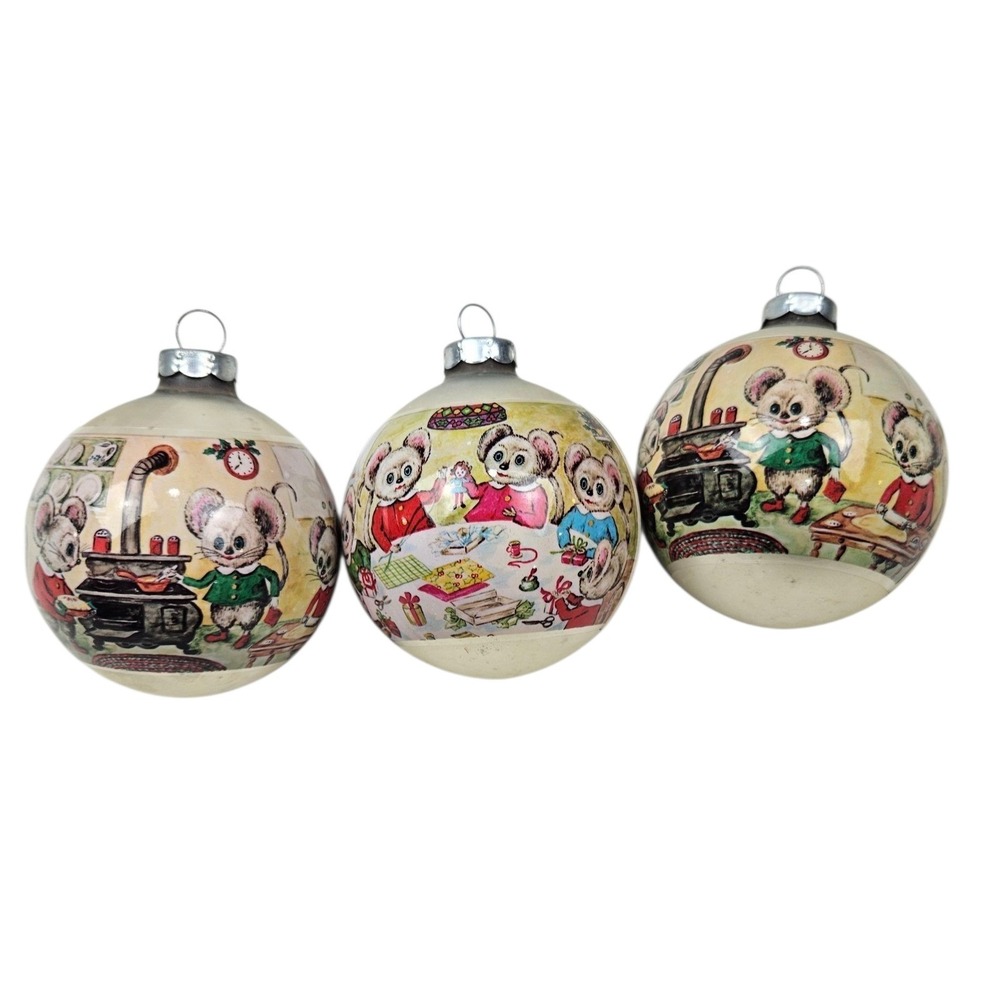 Vtg Corning Glass Works Christmas Ornaments of Mice Family Kitchen Holiday Decor